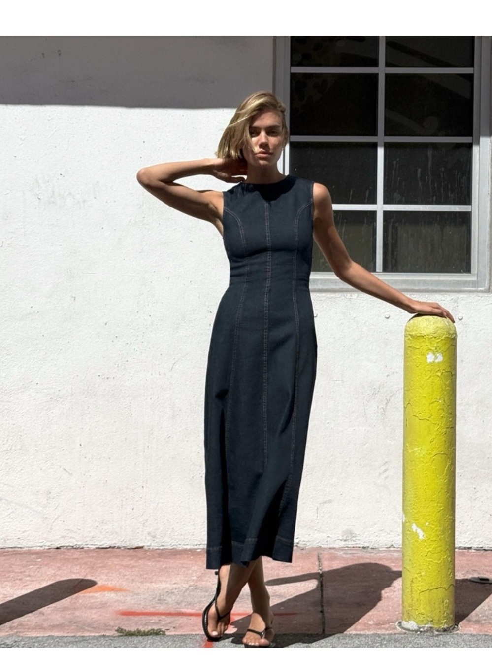 Zara Black Sleeveless Dark Denim Midi Dress
